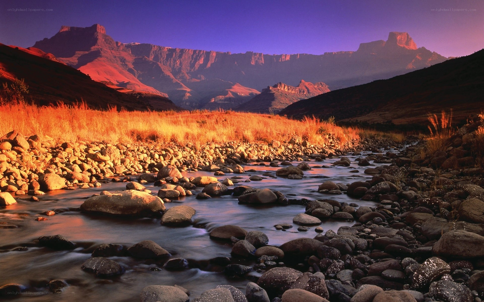 River in mountain valley at sunset