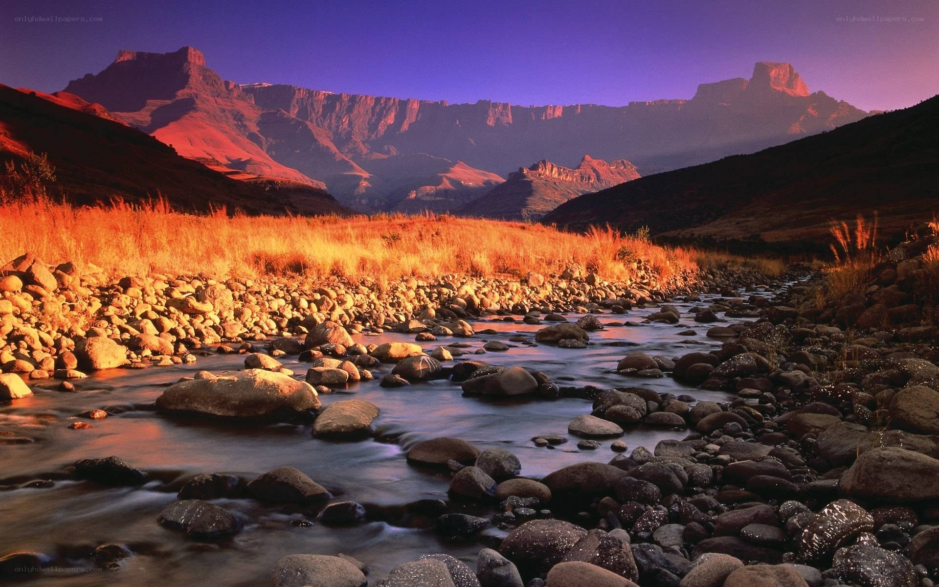 River in mountain valley at sunset