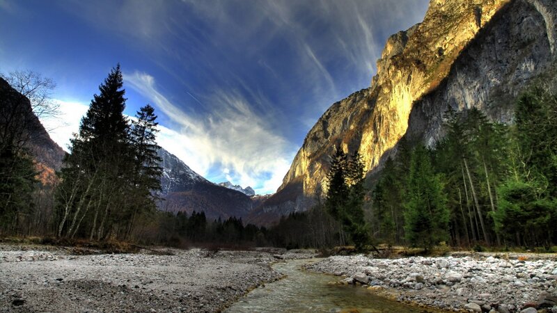 River in Mountain Valley — Blue, Dramatic, Afternoon, Photograph, Forest