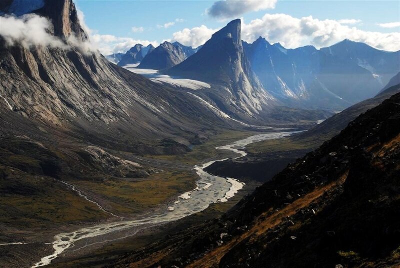 River in Mountain Valley — Blue, Dramatic, Afternoon, Photograph, Mountains, Glacier