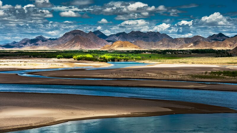 River in Mountain Valley — Blue, Dramatic, Afternoon, Photograph, Mountains, Sandbars, Clouds