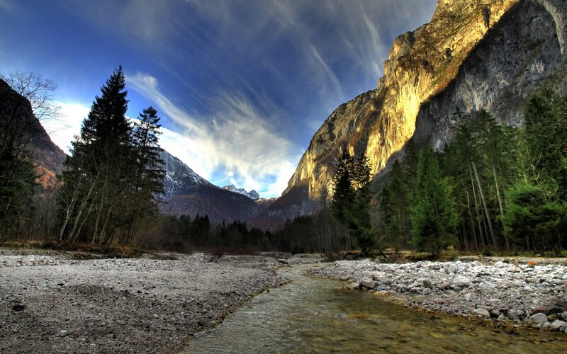 River in Mountain Valley — Blue, Dramatic, Afternoon, Photograph, Mountains, Trees, Stream, Green