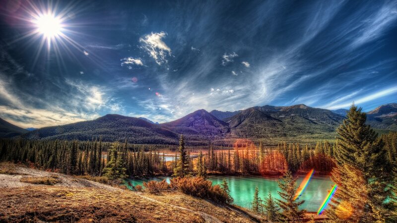 River in Mountain Valley — Blue, Dramatic, Afternoon, Photograph, Mountains, Trees, Sun