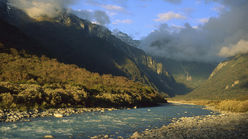 River in Mountain Valley — Blue, Dramatic, Afternoon, Photograph