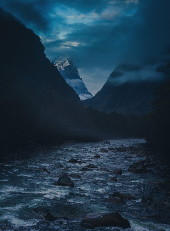 River in Mountain Valley — Blue, Dramatic, Night, Photograph