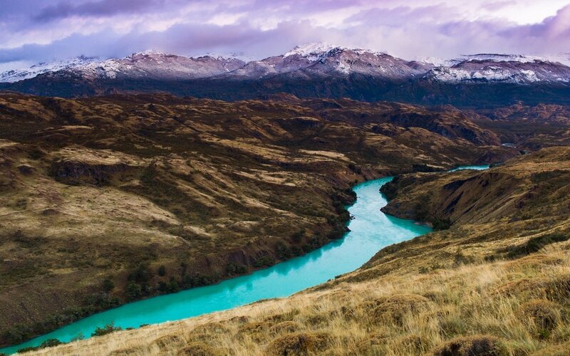 River in Mountain Valley — Blue, Dramatic, Sunset, Photograph, Mountains, Snow, Sky