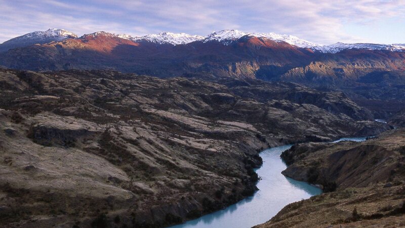 River in Mountain Valley — Blue, Dramatic, Sunset, Photograph, Mountains, Snow