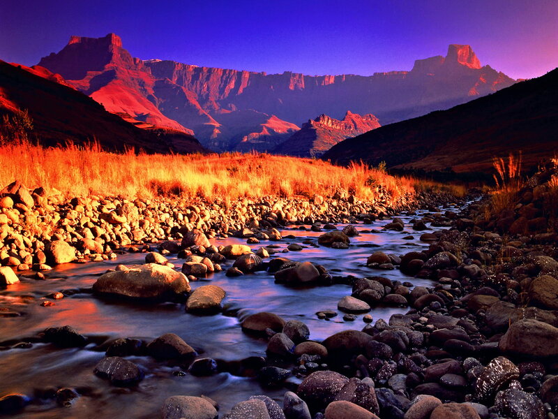 River in Mountain Valley — Blue, Dramatic, Sunset, Photograph, Mountains