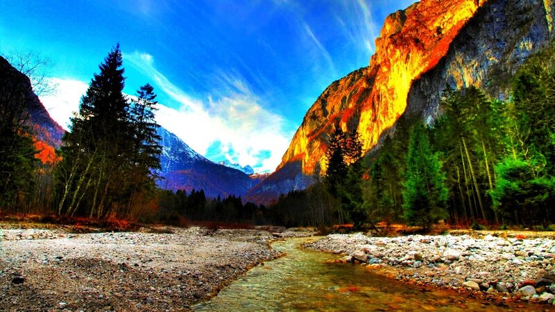 River in Mountain Valley — Blue, Dramatic, Sunset, Photograph, Mountains, Trees