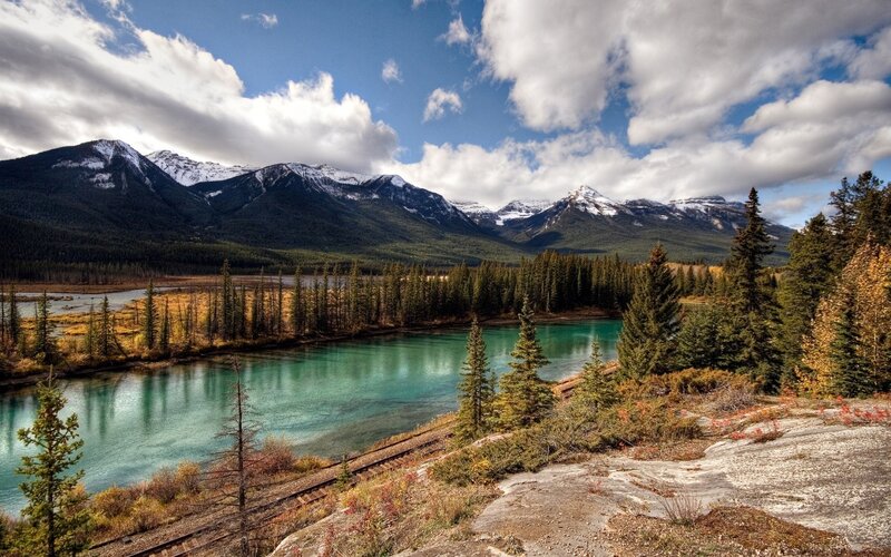River in Mountain Valley — Blue, Railroad Tracks