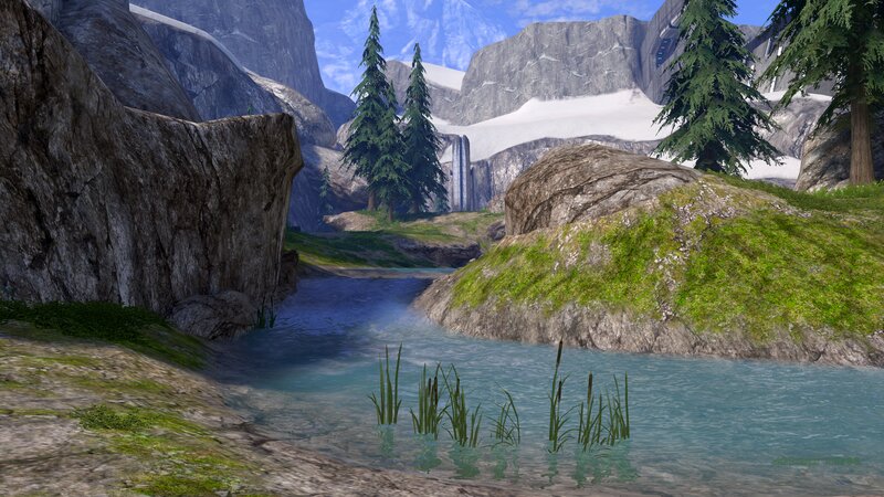 River in Mountain Valley — Blue, Serene, Afternoon, 3d Render, Trees