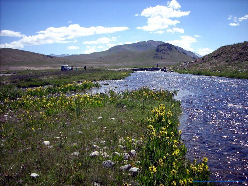 River in Mountain Valley — Blue, Serene, Afternoon, Photograph, Mountains, Flowers, Vehicle