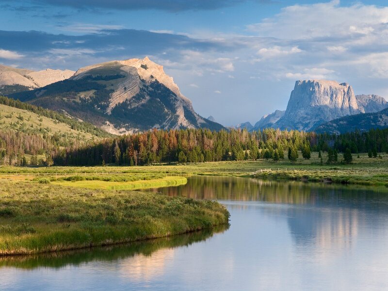 River in Mountain Valley — Blue, Serene, Afternoon, Photograph, Mountains, Forest, Sky