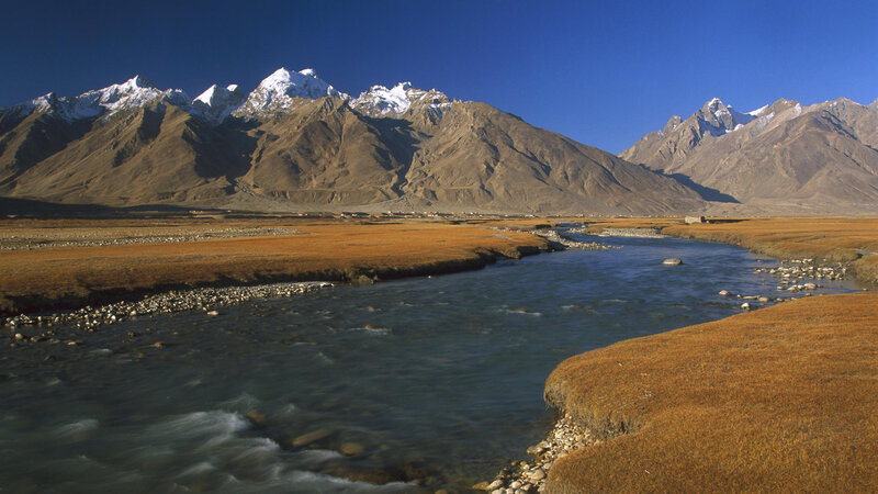 River in Mountain Valley — Blue, Serene, Afternoon, Photograph, Mountains, Grassland