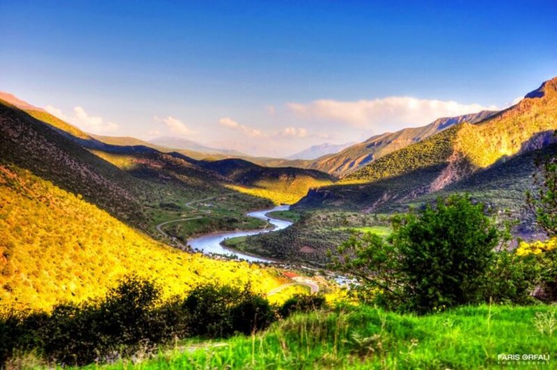 River in Mountain Valley — Blue, Serene, Afternoon, Photograph, Mountains, Road