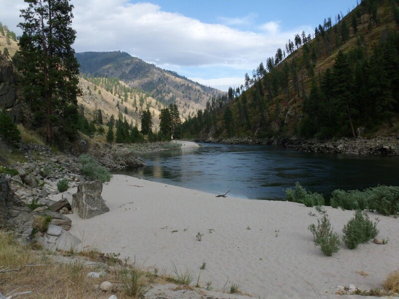 River in Mountain Valley — Blue, Serene, Afternoon, Photograph, Mountains, Trees, Sand