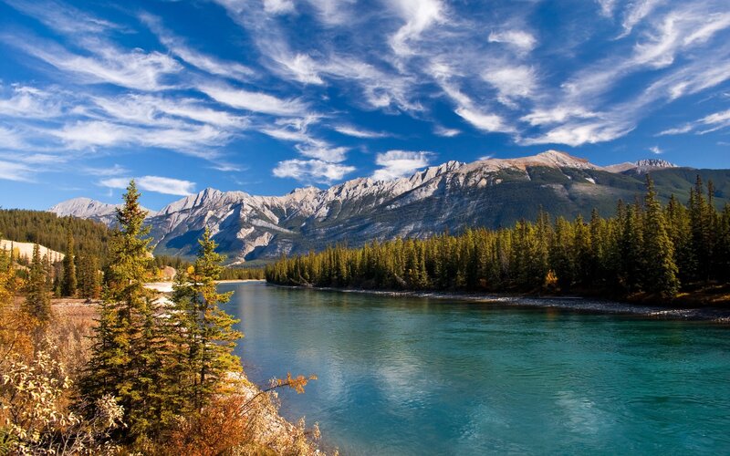 River in Mountain Valley — Blue, Serene, Afternoon, Photograph, Mountains, Trees, Sky, Green, Brown