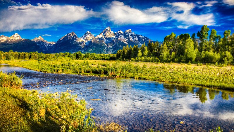 River in Mountain Valley — Blue, Serene, Afternoon, Photograph, Mountains, Trees, Sky, Green, White
