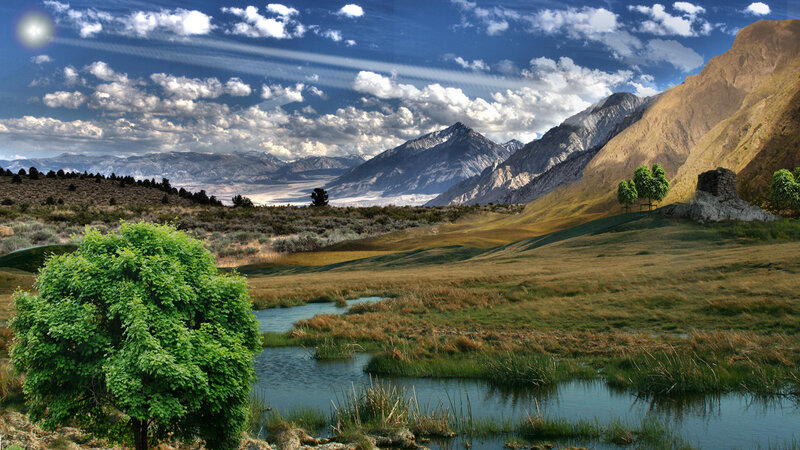 River in Mountain Valley — Blue, Serene, Afternoon, Photograph, Mountains, Trees, Stream