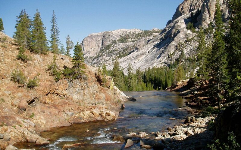 River in Mountain Valley — Blue, Serene, Afternoon, Photograph, Trees, Rocks