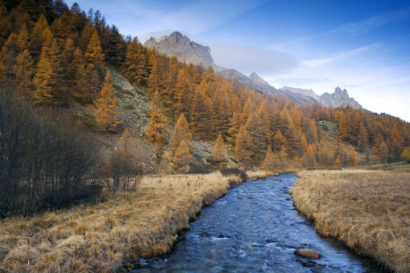 River in Mountain Valley — Blue, Serene, Autumn, Photograph, Forest