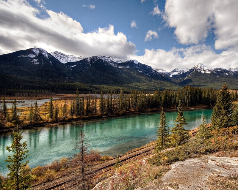 River in Mountain Valley — Blue, Serene, Autumn, Photograph, Mountains, Forest, Train Tracks