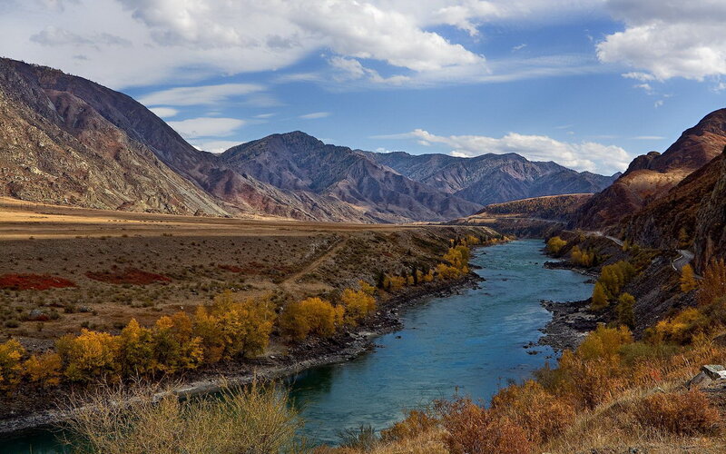 River in Mountain Valley — Blue, Serene, Autumn, Photograph, Mountains, Trees, Road