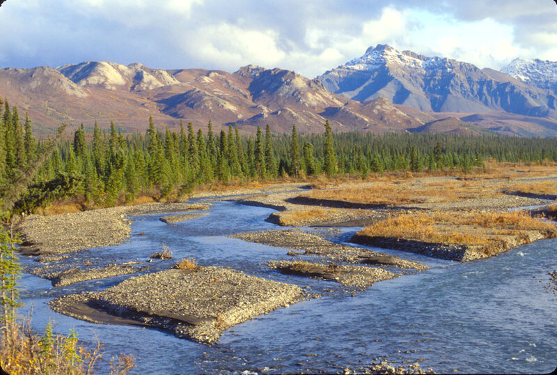 River in Mountain Valley — Blue, Serene, Autumn, Photograph, Mountains, Trees