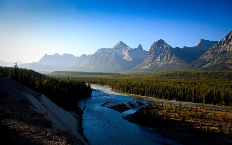 River in Mountain Valley — Blue, Serene, Morning, Photograph, Mountains, Forest, Green