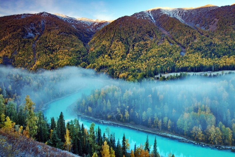 River in Mountain Valley — Blue, Serene, Morning, Photograph, Mountains, Forest, Mist