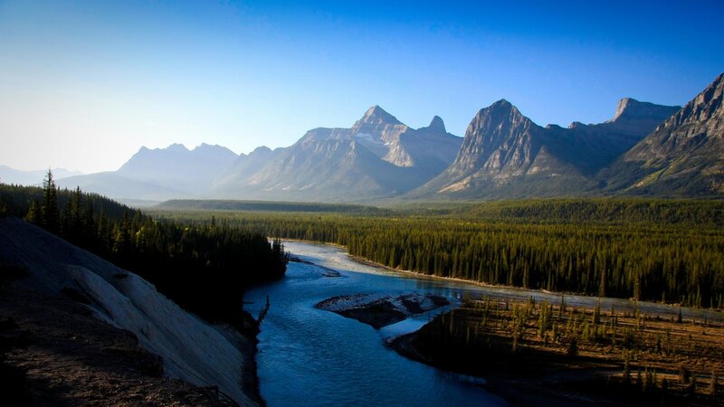 River in Mountain Valley — Blue, Serene, Morning, Photograph, Mountains, Forest