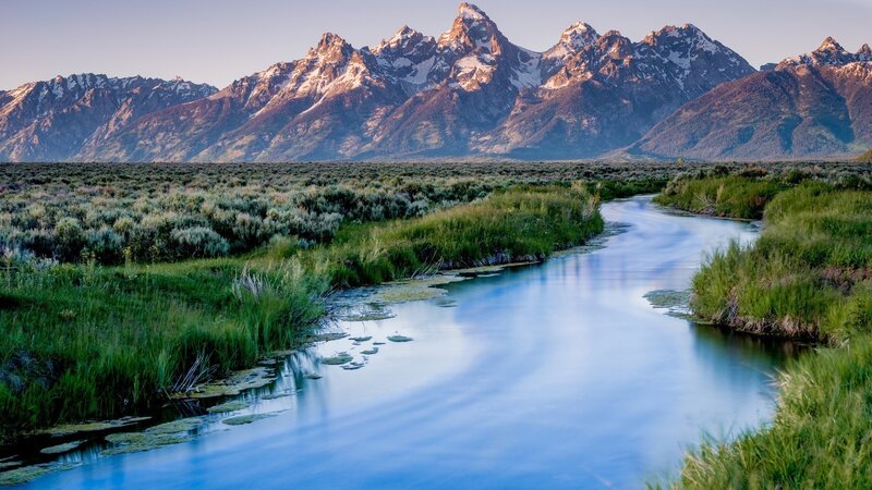 River in Mountain Valley — Blue, Serene, Morning, Photograph, Mountains, Grassland