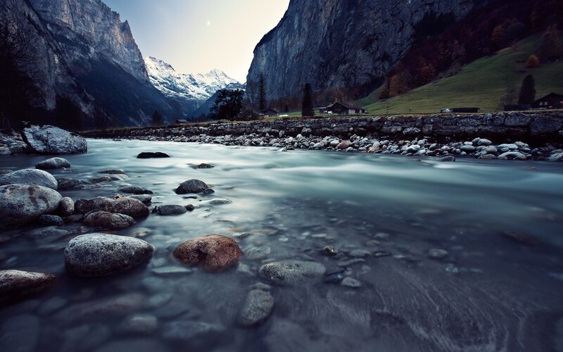 River in Mountain Valley — Blue, Serene, Morning, Photograph, Mountains, Rocks