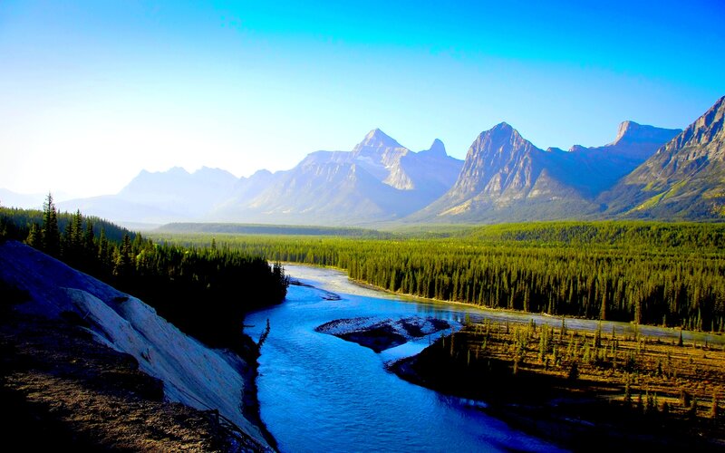 River in Mountain Valley — Blue, Serene, Morning, Photograph, Mountains