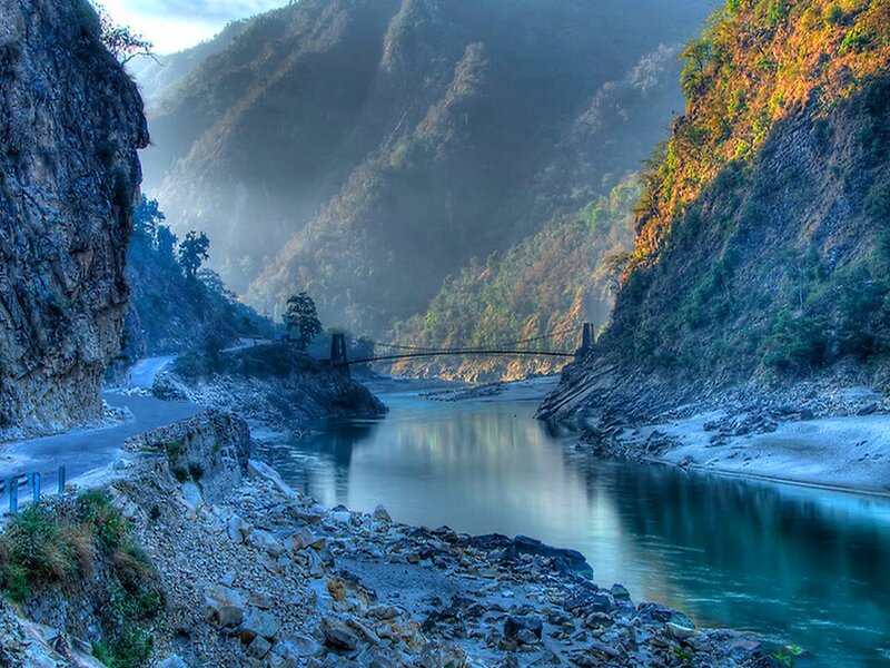 River in Mountain Valley — Blue, Serene, Morning