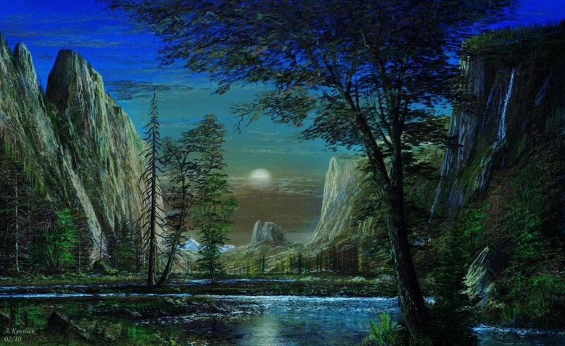 River in Mountain Valley — Blue, Serene, Night, Digital Art