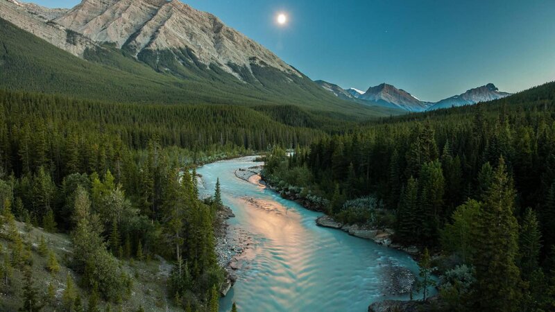 River in Mountain Valley — Blue, Serene, Night, Photograph, Forest