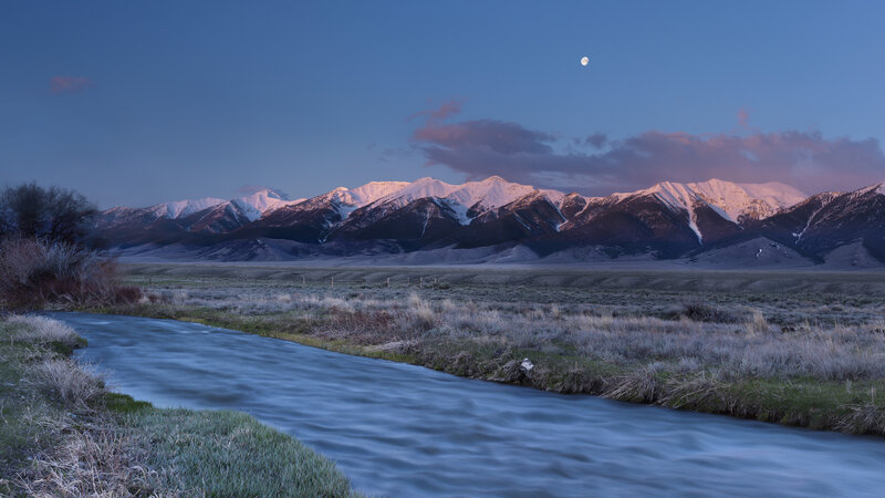 River in Mountain Valley — Blue, Serene, Night, Photograph