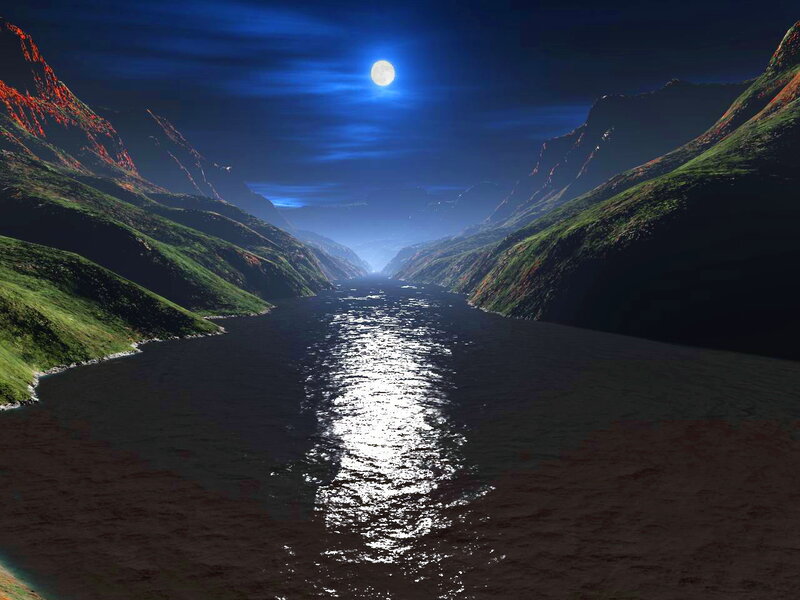 River in Mountain Valley — Blue, Serene, Night