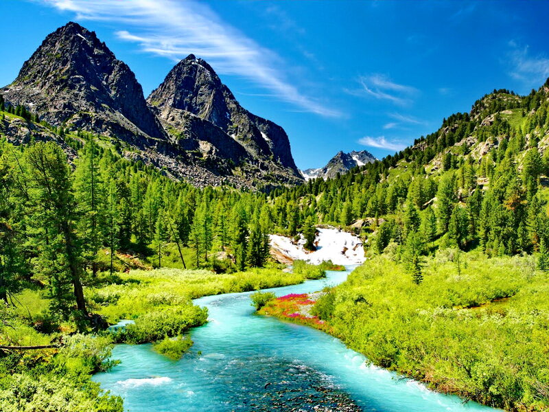 River in Mountain Valley — Blue, Serene, Summer, Photograph