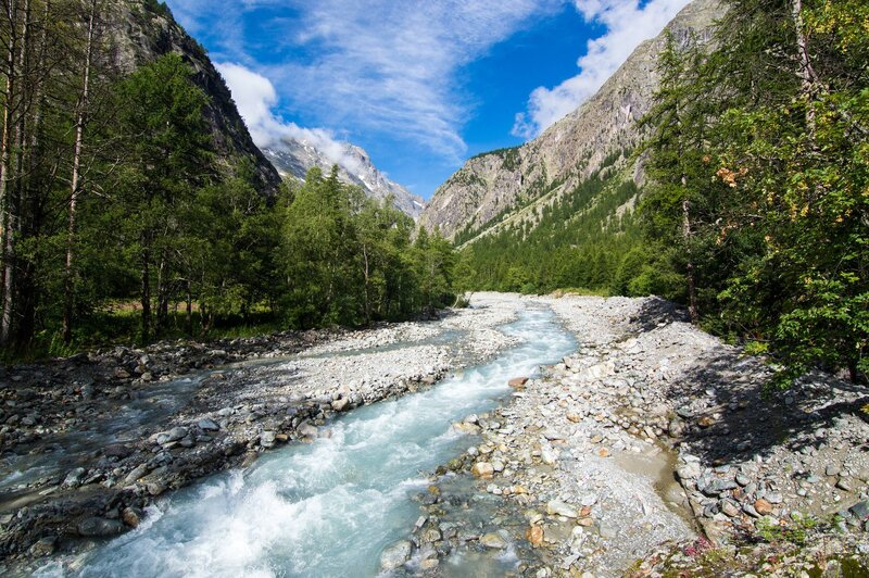 River in Mountain Valley — Blue, Serene, Summer, Photograph, Trees