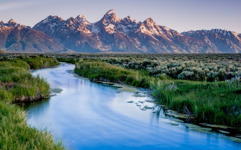 River in Mountain Valley — Blue, Serene, Sunrise