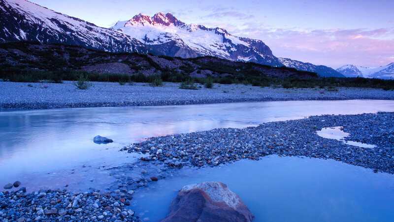 River in Mountain Valley — Blue, Serene, Sunset, Photograph