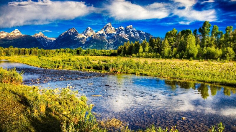 River in Mountain Valley — Blue, Trees
