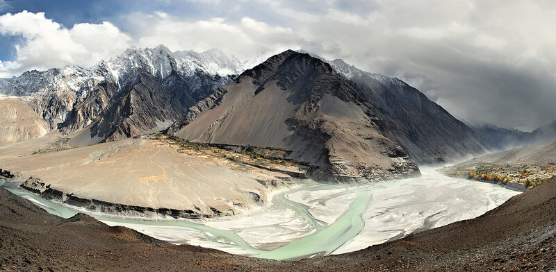 River in Mountain Valley — Brown, Dramatic, Afternoon, Photograph, Mountains