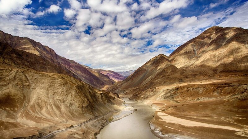 River in Mountain Valley — Brown, Dramatic, Afternoon, Photograph