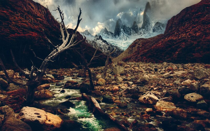 River in Mountain Valley — Brown, Dramatic, Photograph, Dead Tree