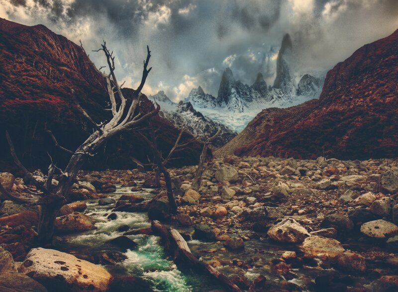 River in Mountain Valley — Brown, Dramatic, Photograph