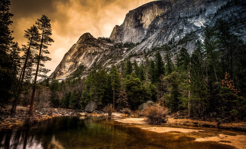 River in Mountain Valley — Brown, Dramatic, Sunset, Photograph