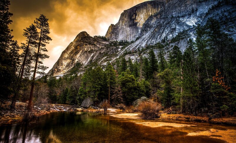 River in Mountain Valley — Brown, Dramatic, Sunset, Photograph, Trees